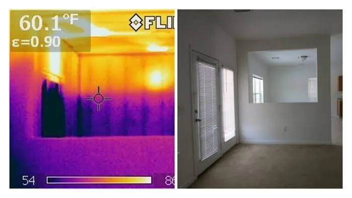 Infrared image beside a regular photo of the same room: the thermal view shows cooler areas near the patio door and along the wall framing